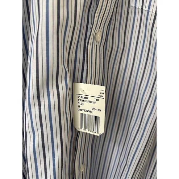 Arrow Men’s 16-32/33 Blue Striped Wrinkle-Free Button Down Dress Shirt Classic - Picture 3 of 6